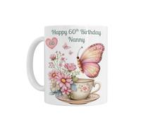 60th Birthday Gift for Her - Happy 60th Birthday Mug with Butterfly and Floral Tea Cup Design, Age 60, White Ceramic