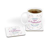 60th Birthday Gift for Her - Personalised 60 Fabulous Established 1966 60th Birthday White Ceramic Tea & Coffee Mug & Coaster Gift Set