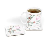 60th Birthday Gift for Her - Personalised 60 Years of Being Awesome Flowers Design Mug & Coaster Gift Set