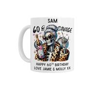 60th Birthday Gift for Her - Personalised 60th Birthday Mug, Age 60 & Savage Design with Leopard Print, White Ceramic Coffee Mug, Customisable Gift