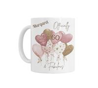 60th Birthday Gift for Her - Personalised 60th Birthday Mug, Officially 60 & Fabulous Balloon Design, White Ceramic, for Girls 18th 21st 40th 50th 60th 70th 80th