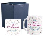 60th Birthday Gift for Her - Personalised Ceramic Mug & Coaster Gift Set - Fabulous Age 60 Birthday Design for 18th 21st 30th 40th 50th 60th 70th 80th (Cardboard Gift Box)