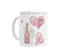60th Birthday Gift for Her - Personalised Ceramic Mug with Pink Balloons Age 60 Birthday Design for Her 18th 21st 30th 40th 50th 60th 70th 80th