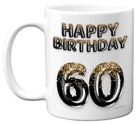 60th Birthday Gift for Men - Black Gold Glitter Balloons - Happy Birthday Mug Present for 60 Year Old Dad Brother Grandad Uncle Friend, 11oz Ceramic Dishwasher Safe Coffee Mugs Cup