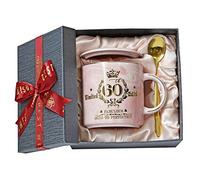 60th Birthday Gift for Women, Fabulous 1966 Aged to Perfection - 14oz Pink Coffee Mug Printed with Gold, Turning 60 Gifts for 60 Years Old Woman, Mum, Grandma, Friend, Her, Ceramic Marble Cup with Box