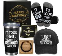 60th Birthday Gifts for Men - Premium Black Gift Set Including Stainless Steel Tumbler 20oz, Baseball Cap, Cotton Socks, Natural Stone Bracelet & Birthday Card - It Took 60 Years to Look This Good