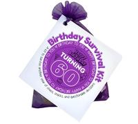 60th Birthday Greeting Card in purple with 14 items included | Funny keepsake for milestone Sixtieth Survival Kit