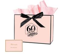 60th Birthday Large Gift Bag, with Card and Tissue Paper for Men Women, 13" Personalized Gift Bags, 60th birthday gift Bags for 60Year Birthday Decorations, Gifts Wrapping, Anniversary (Pink)