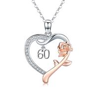 60th Birthday Necklace, Roseflower Heart Necklace 925 Sterling Silver Number 60th Birthday Anniversary Initial Necklace Personalised Jewellery Gift for Mom Grandma Women