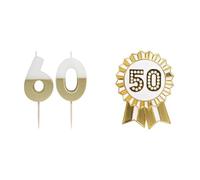 60th Birthday Number Candle & 50th Birthday Enamel Badge Bundle