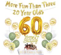 60th Birthday Party Decorations Banner - 23Pcs Gold More Fun Than Three 20 Year Olds Banner Number 60 Foil Balloons Cake Topper Sash For Men Women 60 Years Birthday Party Decor Supplies