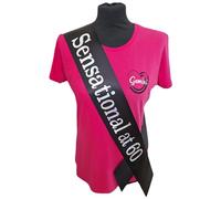 60th Birthday Sash - 60 & Sensational Sash - Beautiful Quality Black Ribbon and Holographic Silver Font 60th Birthday Sash
