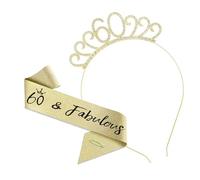 60th Birthday Sash and Crystal Tiara Set for Women, Gold Glam 60th Birthday Decorations, Queen of the Day Accessories, Photo Props, Milestone Celebration Gift