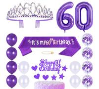 60th Birthday Sash Princess Crown Queen Tiara Rhinestone Headbands Cake Toppers Number 60 Helium Balloons Purple Latex Balloon 60 Birthday Decoration for Women 60 Year Old Birthday Party Supplies
