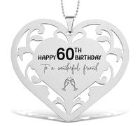 60th Birthday Stainless Steel Heart Ornament with Engraved Message, Hanging Heart Shaped Keepsake Decoration with Bead Chain, Gift for Friend, Milestone Birthday Home Décor Accent - FGC493