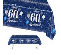 60th Birthday Table Cloth, 137x274cm Tablecloths Blue and Sliver 60th Birthday Party Table Decor, Plastic Waterproof Rectangular Table Cover for Men Women, Birthday Gifts Party Table Decoration