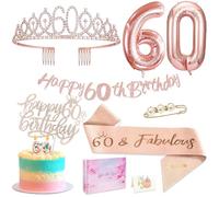 60th Birthday Woman, 60th Birthday Crown and Sash, Cake Decoration Birthday and Candles, Rose Gold Number 60, 60th Cake Decoration Gift for Women for Birthday Party Decoration Supplies