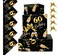 60th Birthday Wrapping Paper-5 Sheets 50x70cm Gold Black Gift Wrap for Men & Women with Pull Bows, 60th Birthday Decorations-Plastic Free & Recyclable