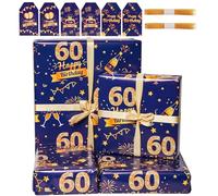 60th Birthday Wrapping Paper Set with Tags Ribbons,6 Sheets 70x50cm Happy Birthday Wrapping Paper,Blue Gold Gift Wrap Paper for Men Him,Gift Decorations Recyclable (60th)