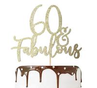 60th cake topper, 60 & fabulous cake toppers, gold birthday decorations, VGRDTW Gold Glitter 60 & Fabulous Topper with Pre-attached Stick for 60th Birthday Party Decorations