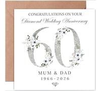 60th Diamond Wedding Anniversary Card, Illustrated Folded Square Card for Mum & Dad, 14x14cm Blank Inside with Kraft Envelope