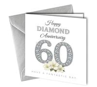 60th Diamond Wedding Anniversary Card, Unique Design, 'Have a fantastic day' Congratulations Blank Inside, Metalic Silver Envelope 400gsm Thick Card, Made in the UK #1868