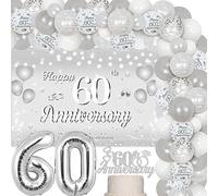 60th Diamond Wedding Anniversary Decorations - Silver and White Balloon Garland Arch Kit, Happy 60th Anniversary Backdrop, Cake Topper, Foil Balloons for 60 Year Wedding Anniversary Party