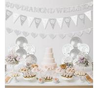 60th Diamond Wedding Balloons, Sliver Wedding Anniversary Diamond Decorations, Weddings Party Decorations with Sliver White Banner Triangle Flag Balloons for Party Supplies