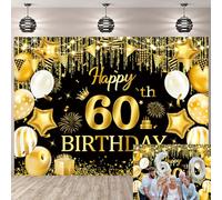 60th Happy Birthday Backdrop Glitter Black and Gold Birthday Photography Background for Women Men Sixty Party Decoration Supplies 6x4ft