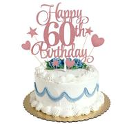 60th Happy Birthday Cake Topper Rose Gold Glitter,Personalised Cake Toppers for Grandfather Grandmother Dad Mom Uncle Birthday Party Cake Decorations Kit with Star Heart Cupcake Topper