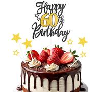 60th Happy Birthday Cake Topper with Stars,7Pcs Black Gold Glitter Cake Decorations,60 Years Birthday Celebrating Cakes Decoration for Boys and Girls Themed Party Supplies (60th)
