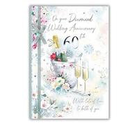 60th Milestone Diamond Anniversary Card - 60 Years - Flowers, Bucket of Champagne and Ribbon with Foil Finish - Eco-Friendly and Recyclable - by Paper House