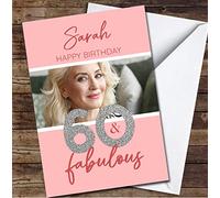 60th Peach Silver Glitter 60 & Fabulous Photo Personalised Birthday Card | Birthday Card | Design Birthday Card