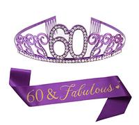 60th Purple Birthday Tiara and Sash Purple Glitter Sash Crystal Rhinestone Tiara Crown for 60th Birthday Party Supplies Favors Decorations Cake Topper