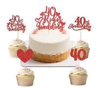 60th Wedding Anniversary Cake Topper 13PCS 1 Large 12 Small Inserts for Diamond Celebration Party Decorations (13, 40th Red, One Size)