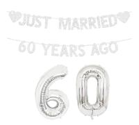 60th Wedding Anniversary Decorations - Diamond Decoration Set with "Just Married 60 Years Ago" Banner and 32-Inch 60th Anniversary Balloons, Glitter Bunting, Heart Garland for Parents Celebration Use