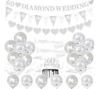 60th Wedding Anniversary Decorations Set,Diamond Weddings Decorations,with Glitter 60 Diamonden Anniversary Banner, Silver White Balloons, Cake Topper,Triangle Flags,Diamond Wedding Party Supplies