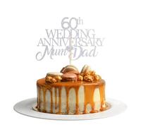 60th Wedding Anniversary Mum & Dad Cake Topper - Diamond Wedding Glitter Card Cake Topper Decorations (SILVER)