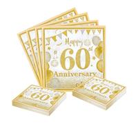 60th Wedding Anniversary Party Napkins, 40PCS Gold Glitter Happy 60th Decorative Paper Serviettes, 33x33cm/13x13in Disposable Tableware for Milestone Anniversary Celebration Decorations