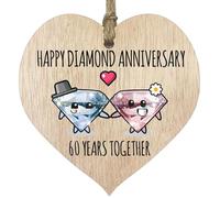 60th Wedding Anniversary Plaque Gift for Husband Wife - 60 Years Together - Happy Diamond Anniversary Wooden Heart for Women Men Partner, Light Wood Sign Keepsake Gifts