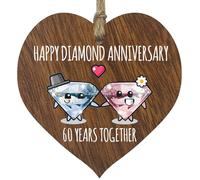 60th Wedding Anniversary Plaque Gift for Husband Wife - 60 Years Together - Happy Diamond Anniversary Wooden Heart for Women Men Partner, Dark Wood Sign Keepsake Gifts