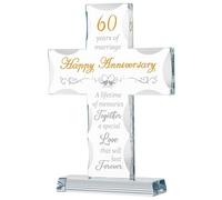 60th Wedding Anniversary Religious Gifts for Parents, Laser Engraved Glass Standing Cross for Couple Wife Husband Dad Mom, 60 Years Aniversary Decorations for Home Party