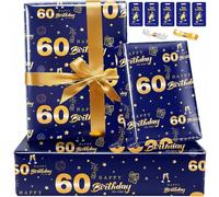 60th Wrapping Paper Birthday Wrapping Paper Set with Tag Ribbon,Gift Wrapping Paper for Men Dad Him,Happy Birthday Paper Wrapping for Present Wrap Luxury Gift Wrap for Birthday Gifts,Blue Gold
