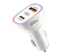 60W Dual Port Car Charger with RGB Light PD30W for qc3.0 Fast Charge Adapter for iPhone for android 12V 24V(White)