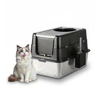60x40x43.5cm Stainless Steel Cat Litter Tray with Drawer-Style Tray & Lid | High-Sided Leakproof Large Cat Litter Tray with Litter Scoop, 4 Anti-Slip Stickers, Easy Clean, Black