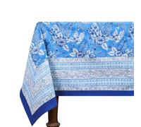 60x60 Inches Square Hand Block Printed Cotton Tablecloth, Blue White Floral Table Cloths Washable, Indian Table Linen For Valentine Thanksgiving Gifts Home Decor Dinning Outdoor