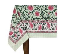 60x60 Inches Square Hand Block Printed Cotton Tablecloth, Green Pink Floral Table Cloths Washable, Indian Table Linen For Dinning Home Decor Summer Spring Autumn Outdoor Thanksgiving Valentine Gifts