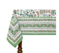 60x60 Inches Square Hand Block Printed Cotton Tablecloth, Pink Green Floral Table Cloths Washable, Indian Table Linen For Dinning Home Decor Summer Spring Outdoor Thanksgiving Valentine Gifts