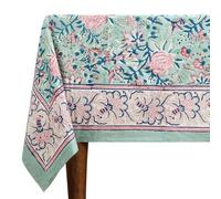60x60 Inches Square Hand Block Printed Cotton Tablecloth, Pink Green Floral Table Cloths Washable, Indian Table Linen For Dinning Home Decor Summer Spring Autumn Outdoor Thanksgiving