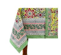 60x60 Inches Square Hand Block Printed Cotton Tablecloth, Red Green Floral Table Cloths Washable, Indian Table Linen For Dinning Home Decor Summer Spring Outdoor Thanksgiving Valentine Gifts